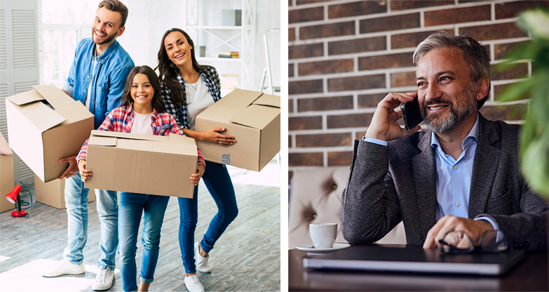 family holding boxes and man on cell phone